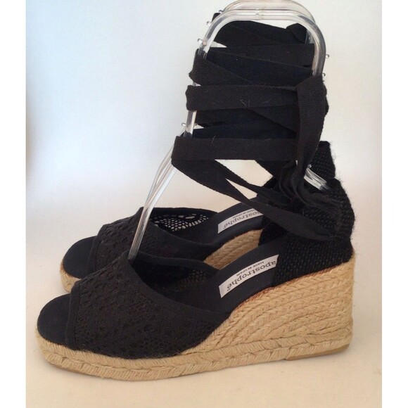APOSTROPHE Espadrille Ankle Tie Peep Toe Wedges, Black (Size 9.5 M) - Picture 3 of 11